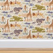 Safari (smaller half drop) Lot's of wild animals in this sweet watercolor style design, hippo, baby rhino, giraffe and lions