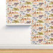 Safari (smaller half drop) Lot's of wild animals in this sweet watercolor style design, hippo, baby rhino, giraffe and lions