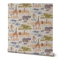 Safari (smaller half drop) Lot's of wild animals in this sweet watercolor style design, hippo, baby rhino, giraffe and lions