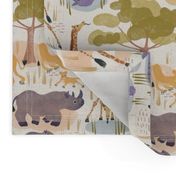 Safari (smaller half drop) Lot's of wild animals in this sweet watercolor style design, hippo, baby rhino, giraffe and lions