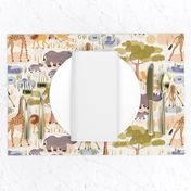 Safari (smaller half drop) Lot's of wild animals in this sweet watercolor style design, hippo, baby rhino, giraffe and lions