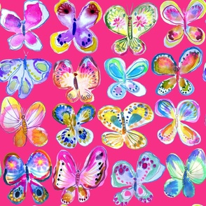 Rainbow Watercolor Butterflies // Hot Pink (Large Scale) 