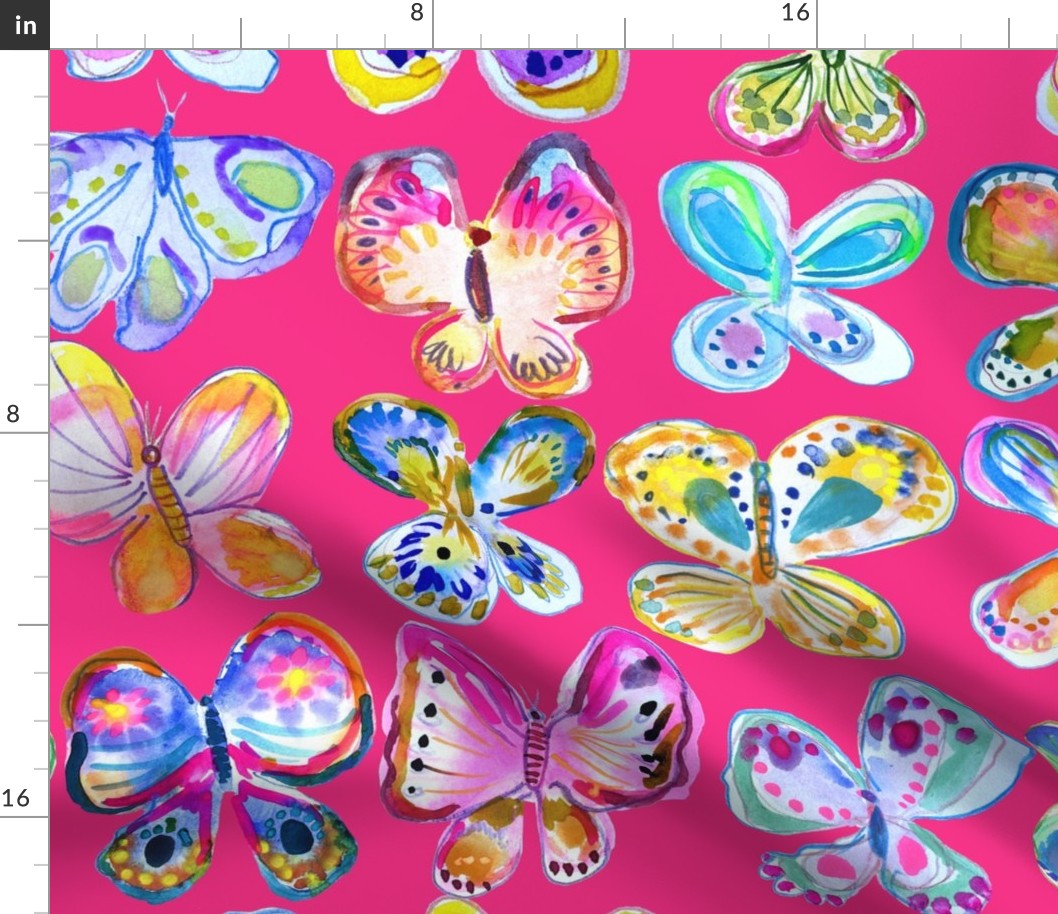 Rainbow Watercolor Butterflies // Hot Pink (Large Scale) 