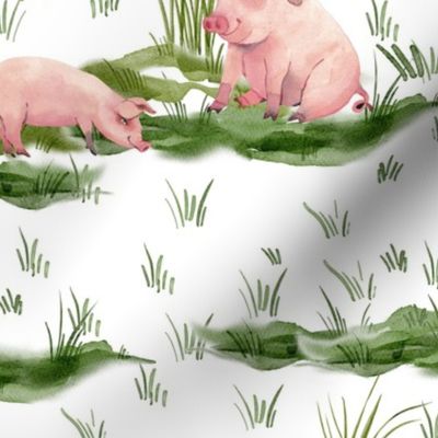 Large- - Enchanting Watercolor Artistry: Farmyard Scenes Evoked Through Hand-Painted Patterns Featuring cute pigs and piglets, in a green wildflowers meadow -  Rural Life on white background