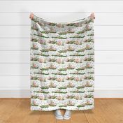 Large- - Enchanting Watercolor Artistry: Farmyard Scenes Evoked Through Hand-Painted Patterns Featuring cute pigs and piglets, in a green wildflowers meadow -  Rural Life on white background