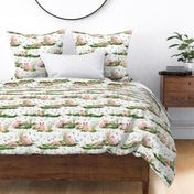 Large- - Enchanting Watercolor Artistry: Farmyard Scenes Evoked Through Hand-Painted Patterns Featuring cute pigs and piglets, in a green wildflowers meadow -  Rural Life on white background