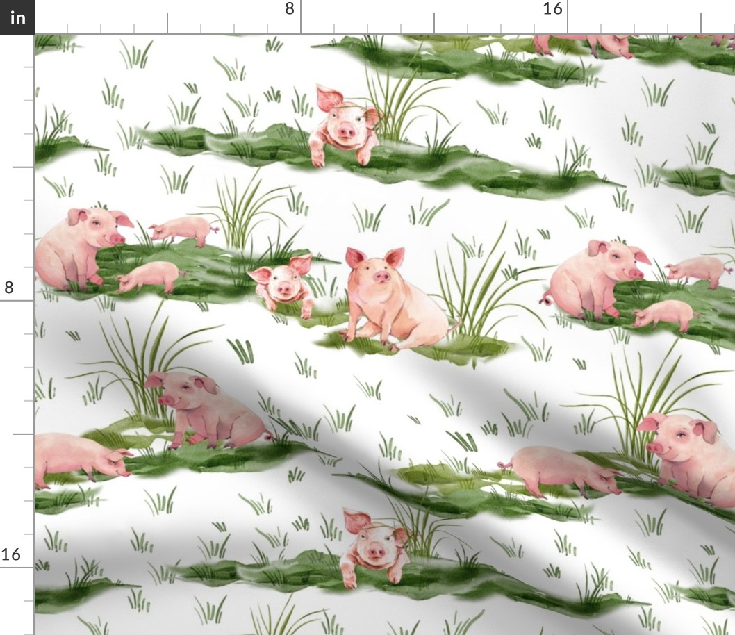 Large- - Enchanting Watercolor Artistry: Farmyard Scenes Evoked Through Hand-Painted Patterns Featuring cute pigs and piglets, in a green wildflowers meadow -  Rural Life on white background