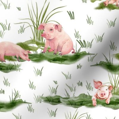 Medium - Enchanting Watercolor Artistry: Farmyard Scenes Evoked Through Hand-Painted Patterns Featuring cute pigs and piglets, in a green wildflowers meadow -  Rural Life on white background