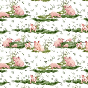 Medium - Enchanting Watercolor Artistry: Farmyard Scenes Evoked Through Hand-Painted Patterns Featuring cute pigs and piglets, in a green wildflowers meadow -  Rural Life on white background