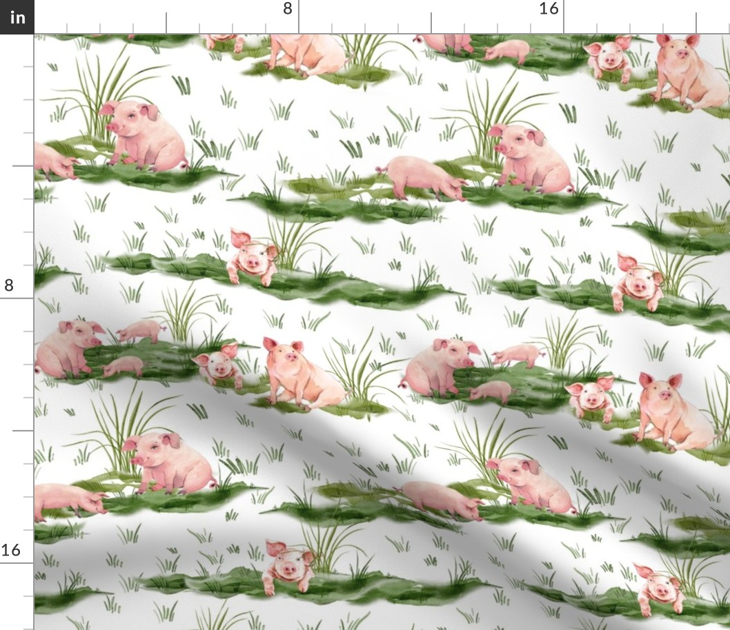 Medium - Enchanting Watercolor Artistry: Farmyard Scenes Evoked Through Hand-Painted Patterns Featuring cute pigs and piglets, in a green wildflowers meadow -  Rural Life on white background