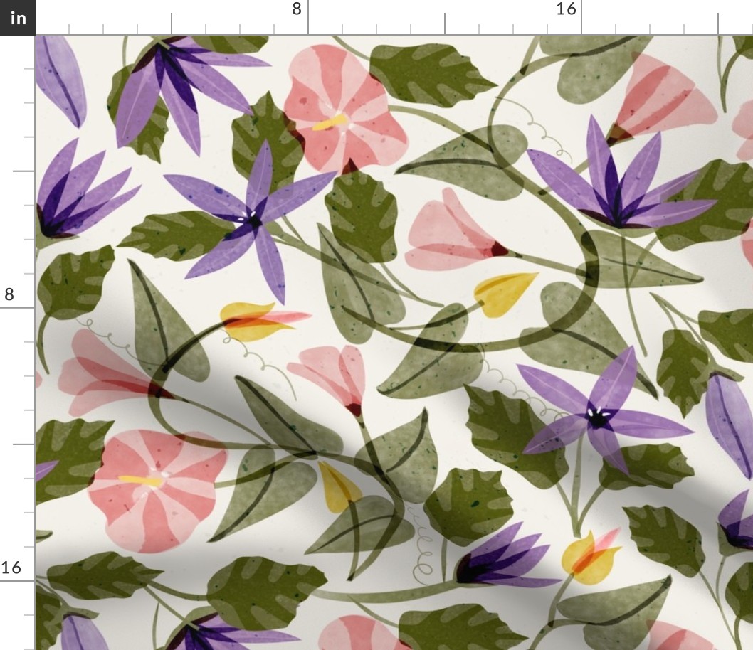 Bell flowers (campanula)  and bind weed (Convolvulus)- (large half drop)  a big pretty floral design in a loose watercolor style in purple, pinks and greens.