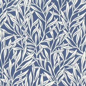 Hand-drawn William Morris inspired willow tree branches cream white on blue nova