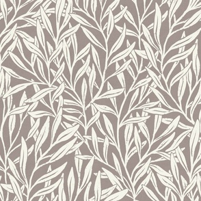Hand-drawn William Morris inspired willow branches leaves cream white on taupe