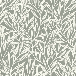 Hand-drawn William Morris inspired willow tree branches and leaves white and grey