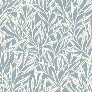 Hand-drawn William Morrise inspired willow tree branches and leaves cream white on light blue