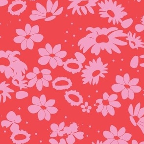 Abstract Messy boho wildflowers - Summer blossom garden pink on coral red