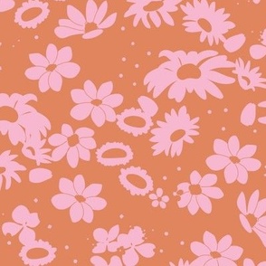 Abstract Messy boho wildflowers - Summer blossom garden pink on orange