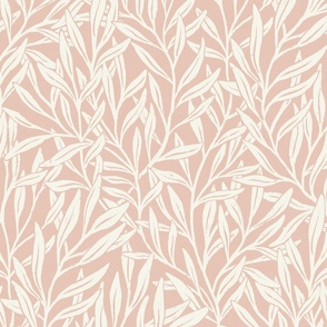 Hand-drawn William Morris inspired willow tree branches and leaves cream on pastel rose pink