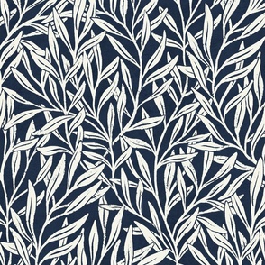 Hand-drawn William Morris inspired willow tree branches and leaves cream on navy blue