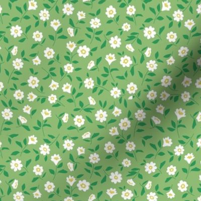 Romantic Ditsy Blossom - Boho Scandinavian style summer floral design with leaves and poppy flowers white lime green on jade 