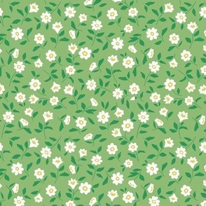 Romantic Ditsy Blossom - Boho Scandinavian style summer floral design with leaves and poppy flowers white lime green on jade 
