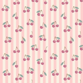 (M) Nostalgic cherries on stripes pink ivory