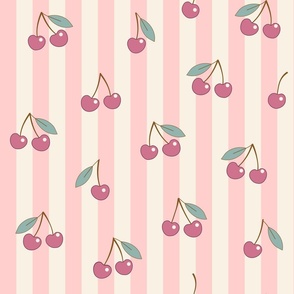 (L) Nostalgic cherries on stripes pink ivory