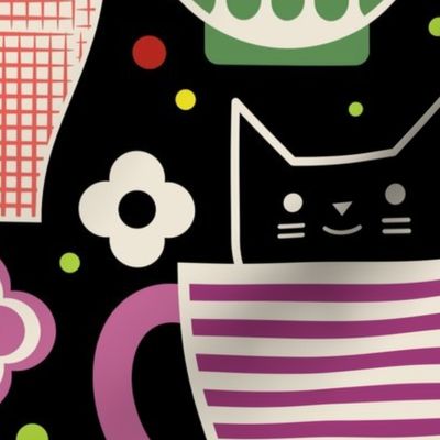 Kit-Tea- Cats and Cups- Vintage Cats- Retro Scandinavian Cat-  Geometric Floral Mugs- Tea Time- Coffee Break-Dopamine Spring- Novelty- Black- Jumbo