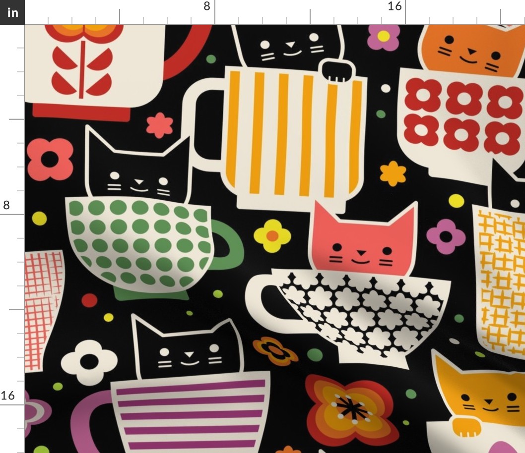 Kit-Tea- Cats and Cups- Vintage Cats- Retro Scandinavian Cat-  Geometric Floral Mugs- Tea Time- Coffee Break-Dopamine Spring- Novelty- Black- Jumbo