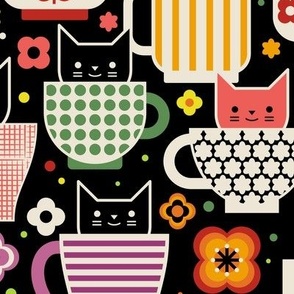 Kit-Tea- Cats and Cups- Vintage Cats- Retro Scandinavian Cat-  Geometric Floral Mugs- Tea Time- Coffee Break-Dopamine Spring- Novelty- Black- Large