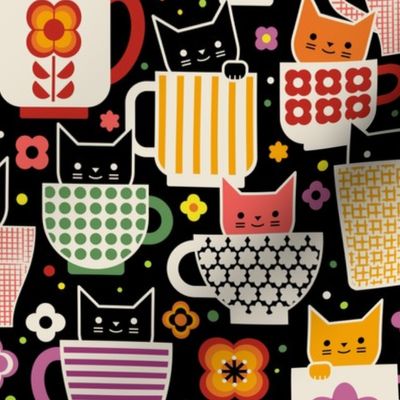 Kit-Tea- Cats and Cups- Vintage Cats- Retro Scandinavian Cat-  Geometric Floral Mugs- Tea Time- Coffee Break-Dopamine Spring- Novelty- Black- Medium