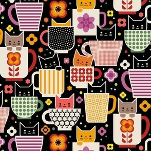 Kit-Tea- Cats and Cups- Vintage Cats- Retro Scandinavian Cat-  Geometric Floral Mugs- Tea Time- Coffee Break-Dopamine Spring- Novelty- Black- Small
