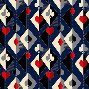 pattern for card game lovers. The symbols of the cards are spades, clubs, hearts and diamonds on a blue background.