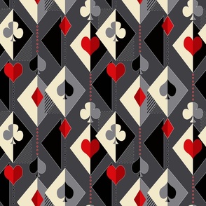 pattern for card game lovers. The symbols of the cards are spades, clubs, hearts and diamonds on a gray background.