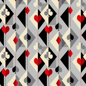  pattern for card game lovers. The symbols of the cards are spades, clubs, hearts and diamonds on a light gray background.