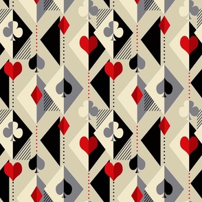 pattern for card game lovers. The symbols of the cards are spades, clubs, hearts and diamonds on a beige background.