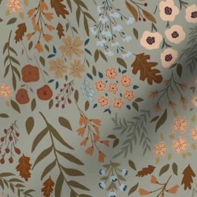 petit floral mini scattered flowers autumn leaves sage green plum cranberry orange and brown hand drawn flowers and foliage