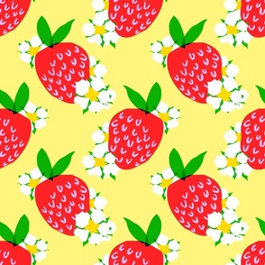 Strawberry Squared Pastel Pale Yellow Mini Summer Fruit And Flowers Retro Modern Grandmillennial Garden Floral Botany Red, Green, Yellow And White Scandi Kitchen Repeat Pattern