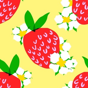 Strawberry Squared Pastel Pale Yellow Summer Fruit And Flowers Retro Modern Grandmillennial Garden Floral Botany Red, Green, Yellow And White Scandi Kitchen Repeat Pattern