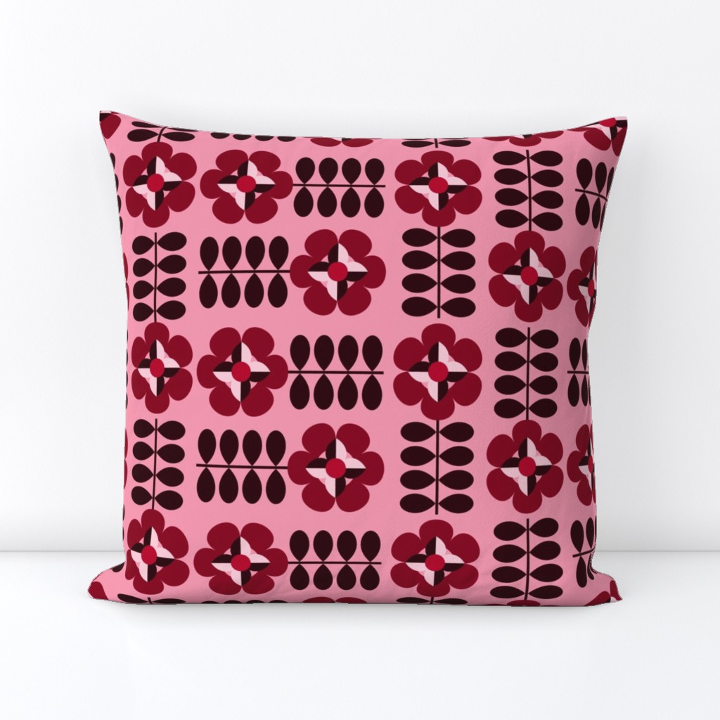 Geometric flowers - Non directional - Pink monochrome, burgundry