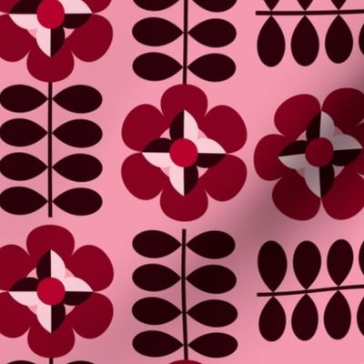 Geometric flowers - Non directional - Pink monochrome, burgundry