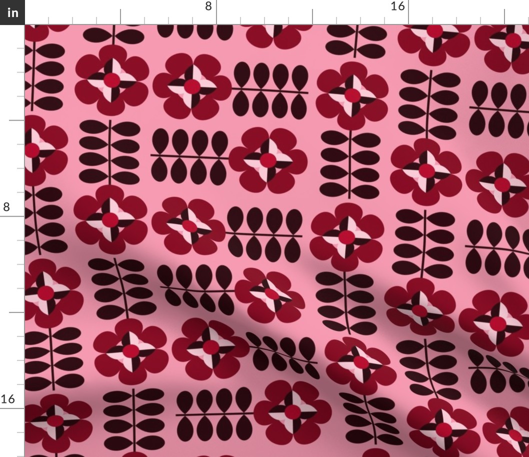 Geometric flowers - Non directional - Pink monochrome, burgundry