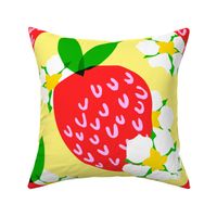 Strawberry Squared Pastel Pale Yellow Big Summer Fruit And Flowers Retro Modern Grandmillennial Garden Floral Botany Red, Green, Yellow And White Scandi Kitchen Repeat Pattern