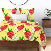 Strawberry Squared Pastel Pale Yellow Big Summer Fruit And Flowers Retro Modern Grandmillennial Garden Floral Botany Red, Green, Yellow And White Scandi Kitchen Repeat Pattern