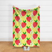 Strawberry Squared Pastel Pale Yellow Big Summer Fruit And Flowers Retro Modern Grandmillennial Garden Floral Botany Red, Green, Yellow And White Scandi Kitchen Repeat Pattern