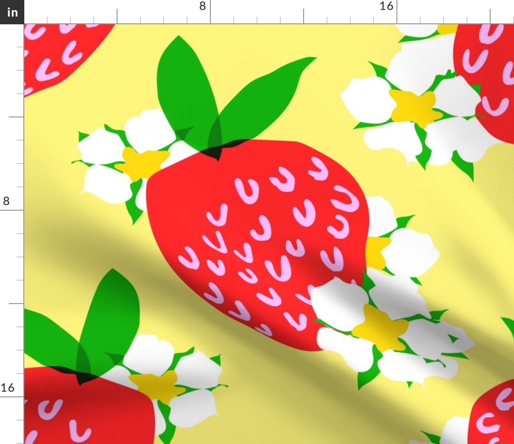 Strawberry Squared Pastel Pale Yellow Big Summer Fruit And Flowers Retro Modern Grandmillennial Garden Floral Botany Red, Green, Yellow And White Scandi Kitchen Repeat Pattern