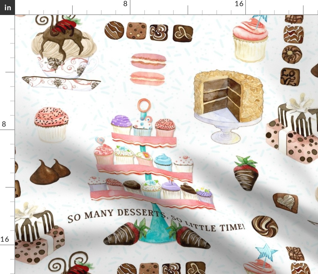 18"JUMBO  So Many Desserts! Chocolate n Cupcakes Watercolor in Aqua on White by Audrey Jeanne ©