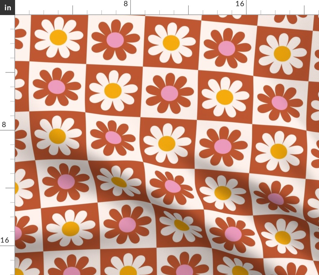 Checkered board with flowers - cream, orange, pink and brown