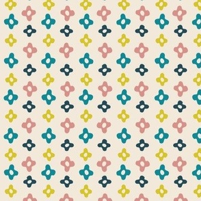 Stylized Graphic Flowers Grid - Small Scale coordinate - Folk Art Inspired - Ivory Background