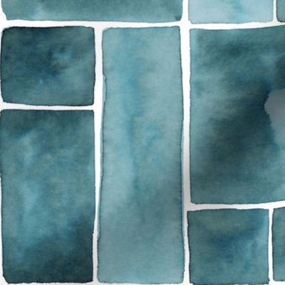 Textured and Tonal Wallpaper - Blue Green Watercolor Ink Patchwork Painting Tile Deisgn 12"